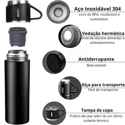 Garrafa Térmica Inox com 3 Xícaras de Brinde